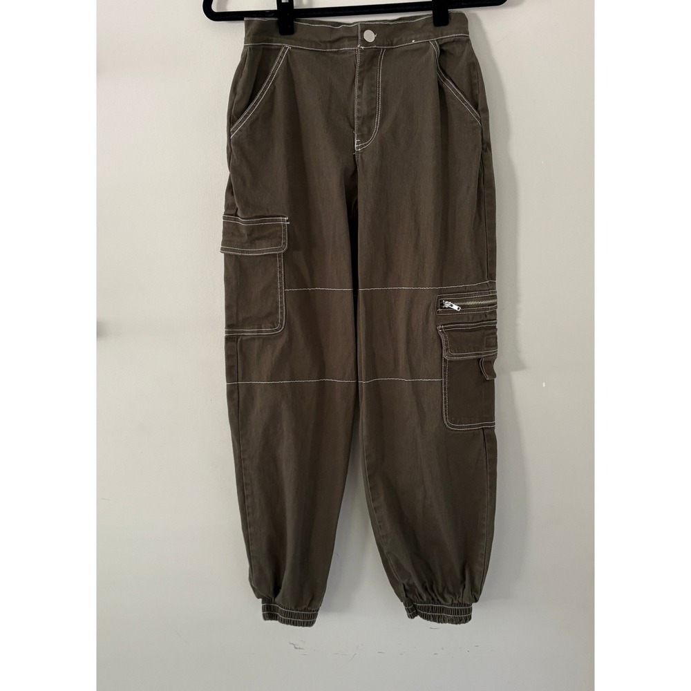 Rachel Paige Olive Green Cargo Pants White Stitching Casual Joggers Womens Small